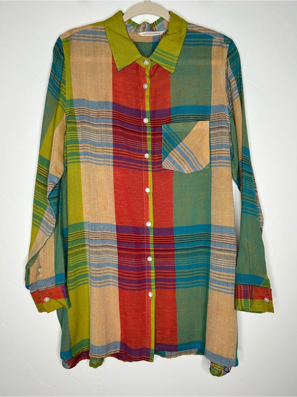 Soft Surroundings Colorblock Plaid Button-Up Shirt Floral Embroidered‎ Large